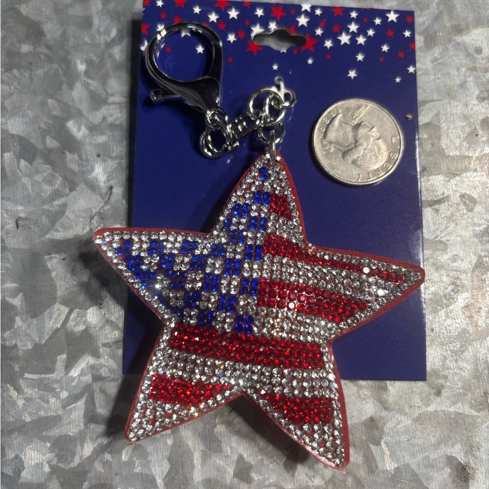 New Rhinestone American Flag Star Bag Charm Keychain - Red, White & Blue - Picture 3 of 4